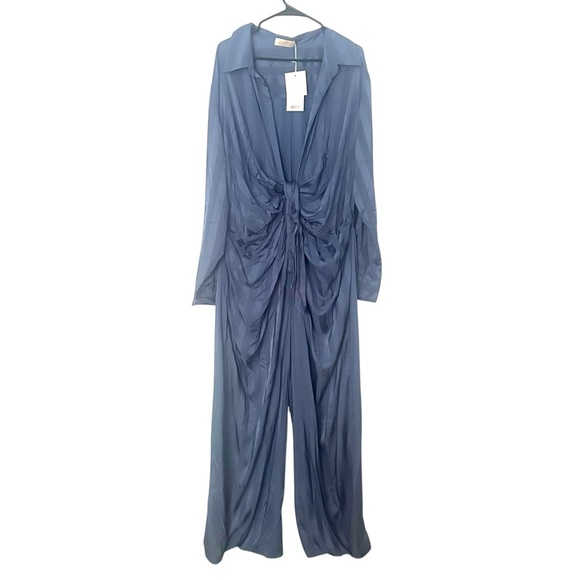 Choosy Women's Slate Blue Deep V Striped Satin Jumpsuit Size 20 NWT - Picture 2 of 7